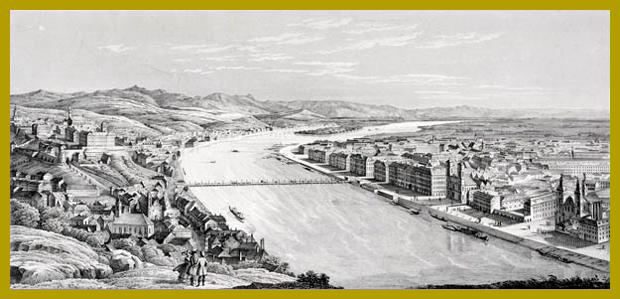 Buda és Pest látképe a Gellért-hegyről 1832-ben.