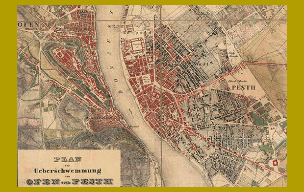 Az 1838. évi árvízi károkat bemutató térkép, amin feketével jelölték az összedőlt házakat. A mai Szabadság tér helyén álló Újépület hatalmas tömbje segít eligazodni a XIX. századi térképeken.